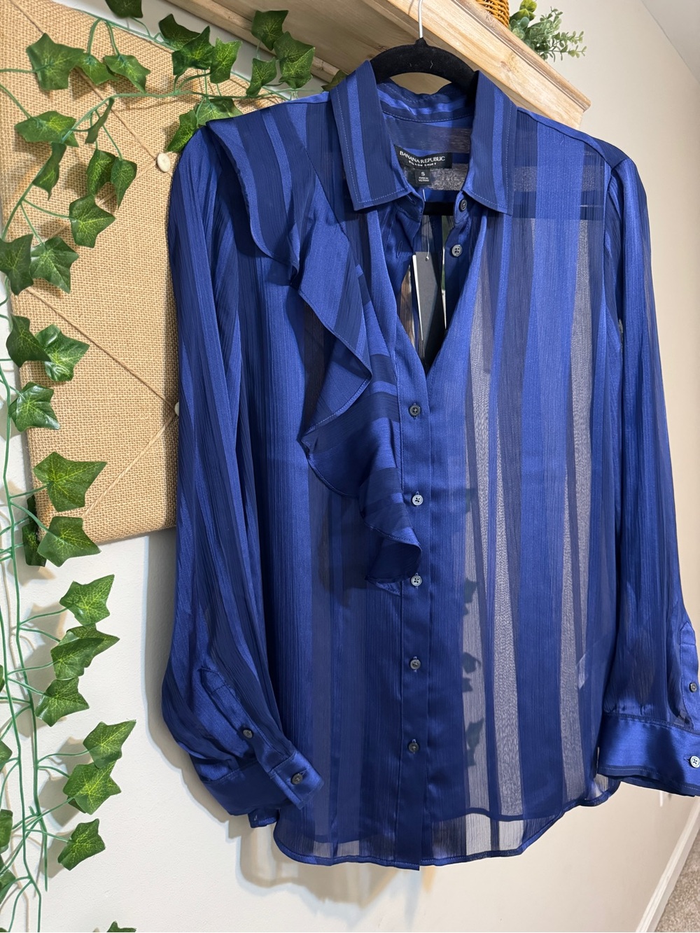 Banana Republic Blue Sheer Ruffle-Front Dress Shirt